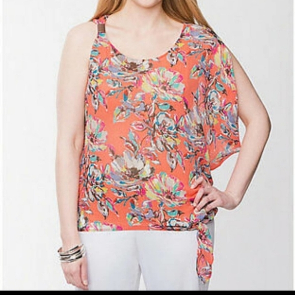 Lane Bryant One Shoulder Waist Tie Floral Sheer Chiffon Boho Top Blouse 18/20 - Picture 1 of 9